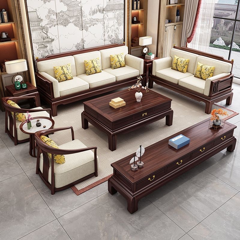 새로운 중국 스타일의 검은색 금색 원목 거실 소파 조합 겨울과 여름 이중 용도 골동품 크고 작은 크기의 긴 침대 소파