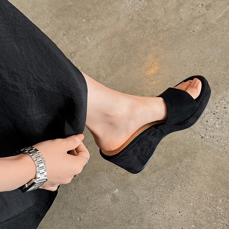 Sandal cao gót nữ hở mũi quai ngang đế xuồng platform — màu nâu, màu đen, màu mơ