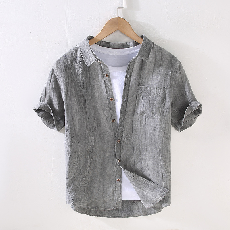 Summer Casual Short-sleeved Linen T-shirt Men's Vertical Collar Shirt National Fashion Vintage Large V-neck Breathable Thin Distressed Design Sense