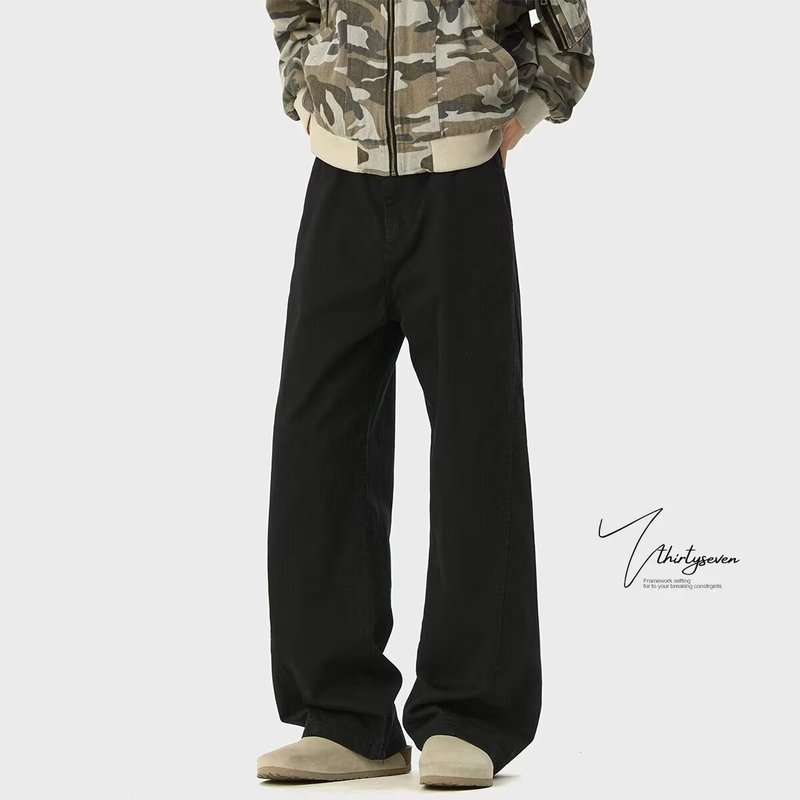 アメリカのレトロな服装のカジュアルなズボンの男性の春の夏の潮のブランドのごろつきのかっこいいつなぎ合わせのゆったりしている足のまっすぐな筒の百合のズボン|undefined