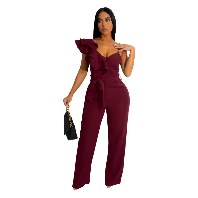 Estación independiente europea y americana Comercio exterior nueva moda con volantes de un solo hombro sin mangas cintura profunda V suelta color sólido Mono para mujeres