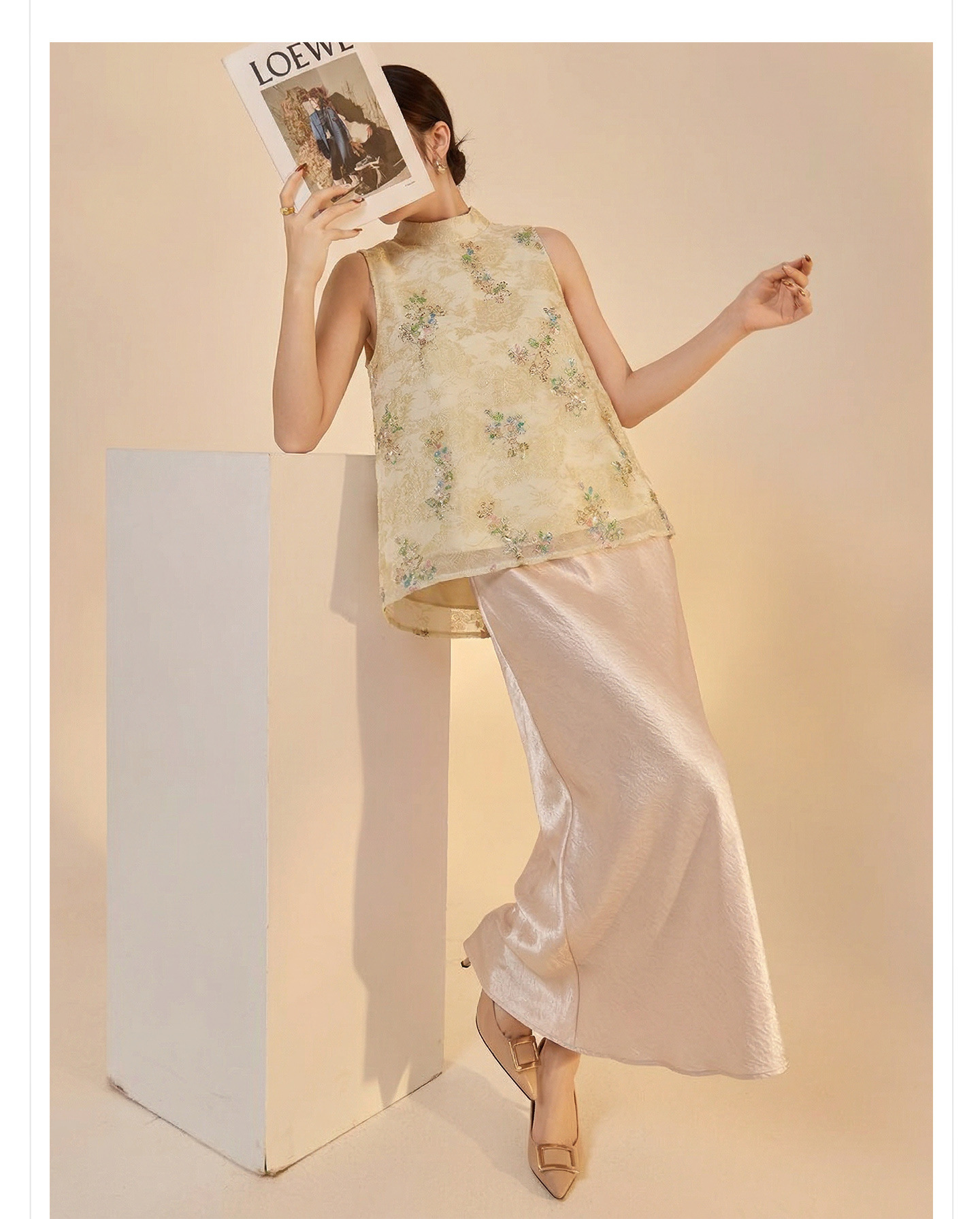 Bộ áo vest không tay lưới thêu đính cườm phong cách Tân Trung Hoa kèm chân váy nửa kín ZX P0337 — bộ đồ, Champagne màu nửa váy, Áo khoác màu mơ chi tiết 13