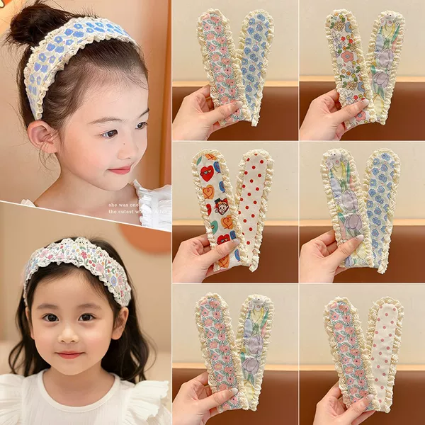 Children's 2026 New Wide-Brimmed Frilly Bangs Headband with Small Floral Pattern Magic Tape Hairband for Little Girls Hair Accessory