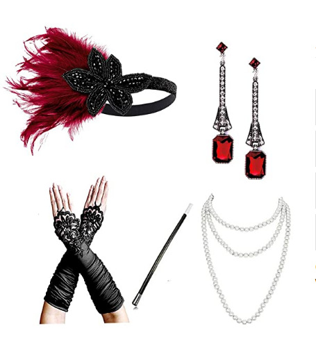 1920 Flapper vestido de niña disfraz de Halloween guantes de cigarrillos collar de varilla venda tira de lana conjunto de cinco piezas