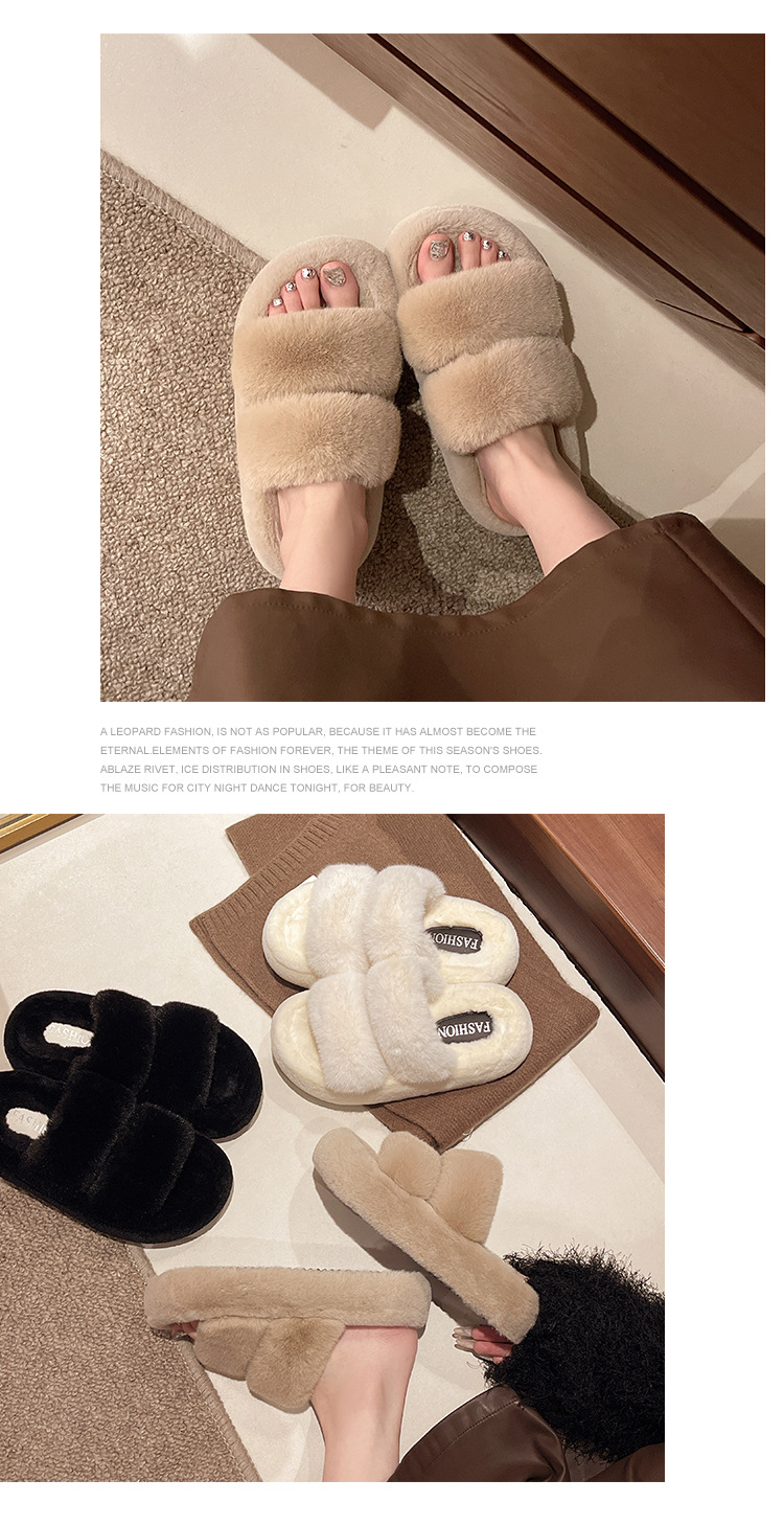 Open Toed Hairy Slippers For Women In Autumn And Winter, New Style For Outdoor Wear, Warm And Thick Soled, Double Straps, Outdoor Cotton Slippers_vogvips.com