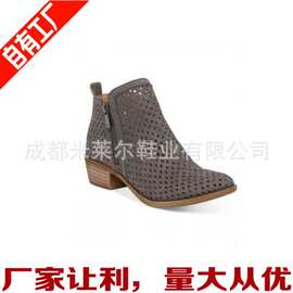 2019夏季女尖头欧美女式皮靴侧拉链时装靴短靴中跟女鞋wish镂空