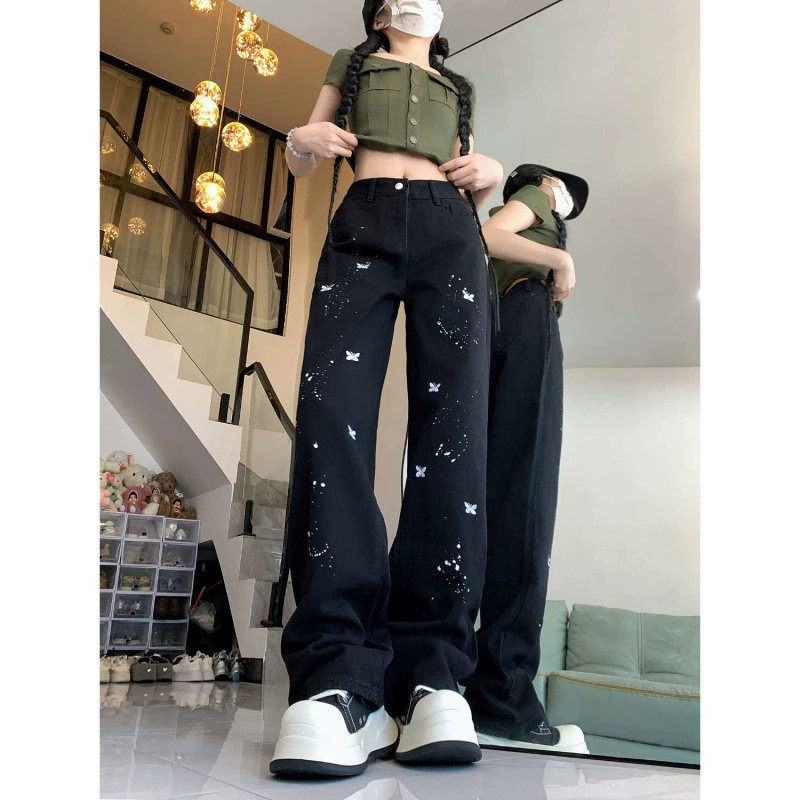 2024-май новые вышитые джинсы бабочки женские прямые свободные корейские версии с высокой талией тонкие дикие брюки