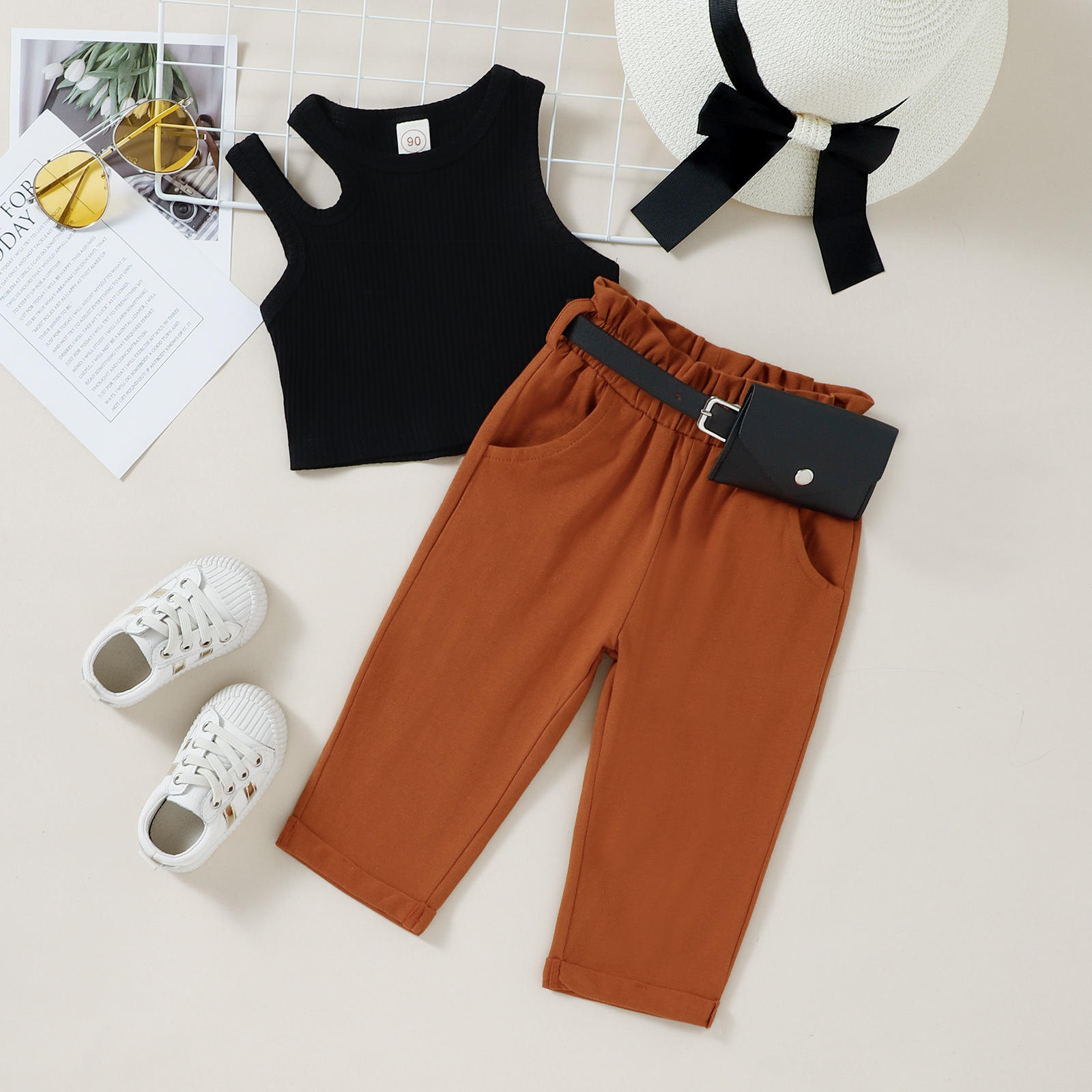 132g Weight Sleeveless Sleeve Length Cotton Fabric Type Fashion Solid Color Cotton Girls Clothing Sets