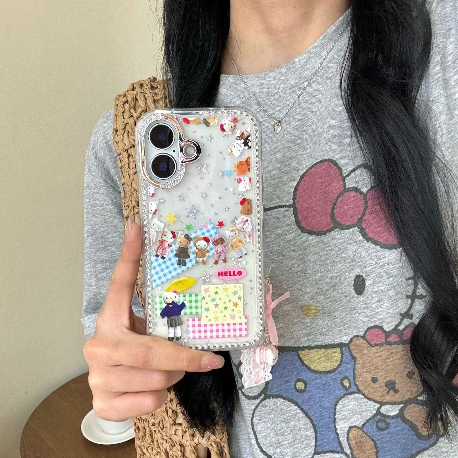 Girl Heart Flash Diamond Star KT Cat Adecuado para Apple 15ProMax Funda para teléfono móvil 16Pro a cuadros 14/13 Mujer 16PM