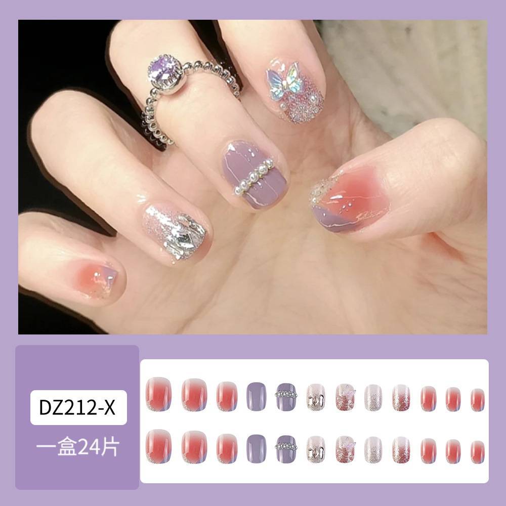 Comercio extranjero mejor vendido polvo púrpura brillante plata diamantes manicuras perlas mariposa desgaste de uñas 24 piezas de parche de uñas falsas image 3