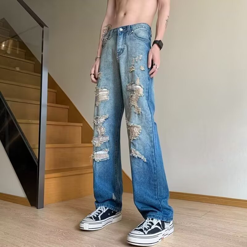 Men's Distressed Jeans Black to Gray Washed Straight-Leg Denim Pants High Street Grunge Style_mkmklike.com