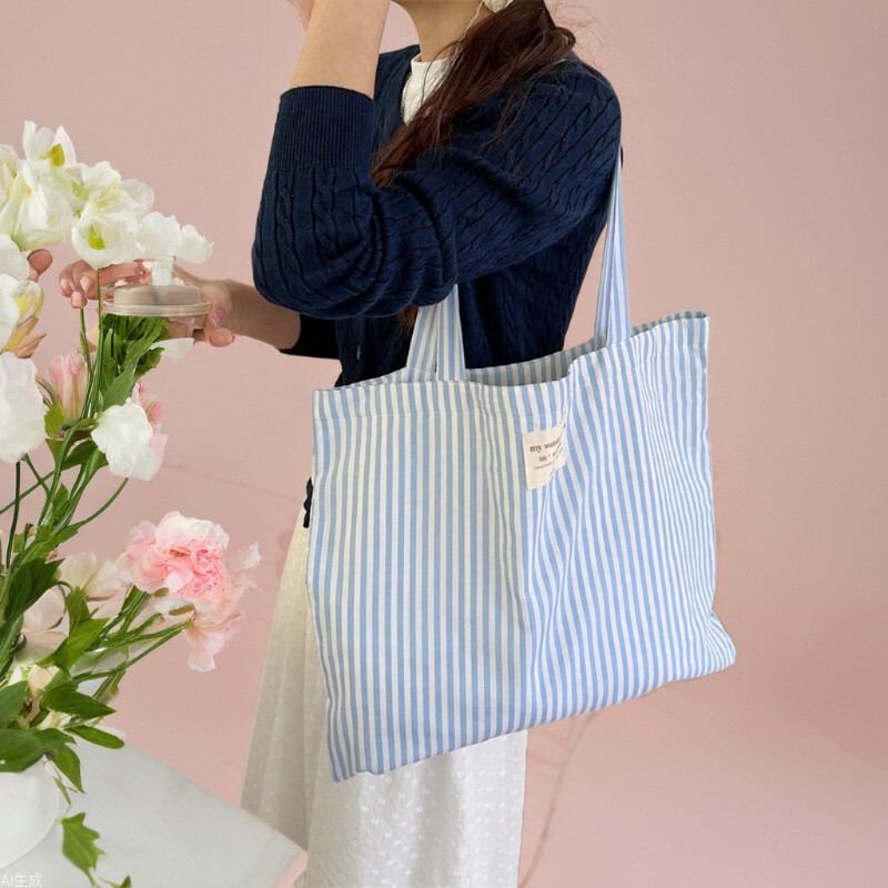 43201 Striped Contrast Color Small Fresh Canvas Bag Large Capacity Class Commuting Bag High-Looking Shoulder Tote Bag