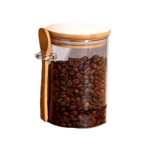 Wholesale con cucharas de vidrio, granos de café, flores de té, tanque de almacenamiento sellado con cucharas de mantenimiento fresco, condimento circular, tanque de almacenamiento