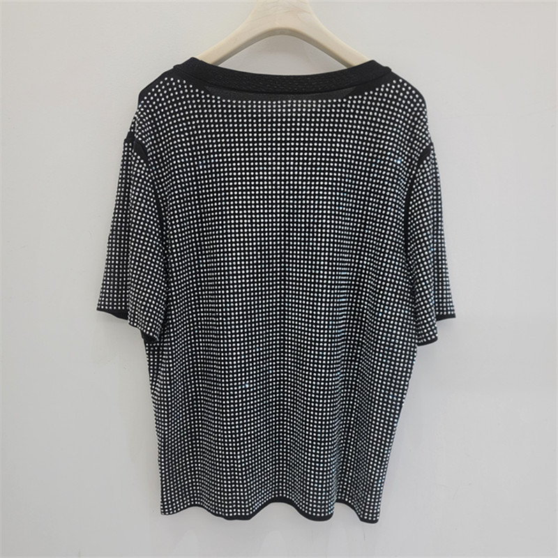Diseño de diamante caliente de industria pesada sensación de cuello redondo chaqueta de alta calidad gran sensación de camiseta de verano de mujer nueva moda de blusa suelta versátil image 3