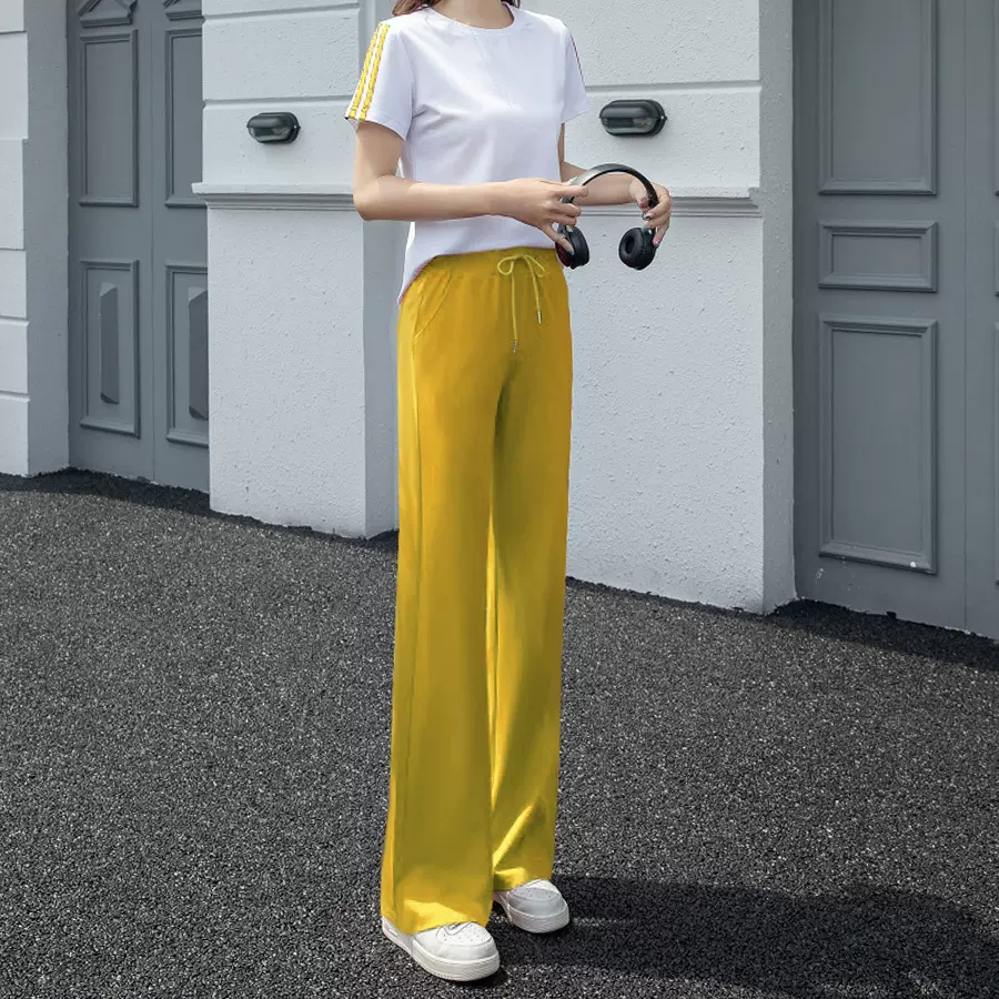 纯色休闲运动女春季新款修身显瘦女长裤黄色微喇高腰垂感阔腿裤女