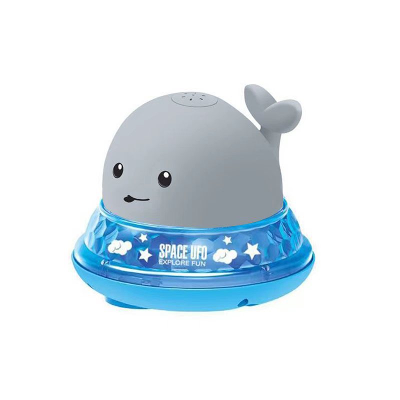 파란색 받침대에 회색 아기 고래