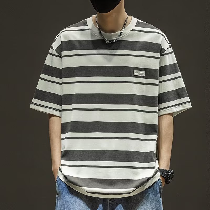 thumbnail for 2024 Summer Striped Short-sleeved T-shirt Men&#039;s Summer American Fashionable Loose Fashionable Brand Large Size Half-sleeved T-shirt Top