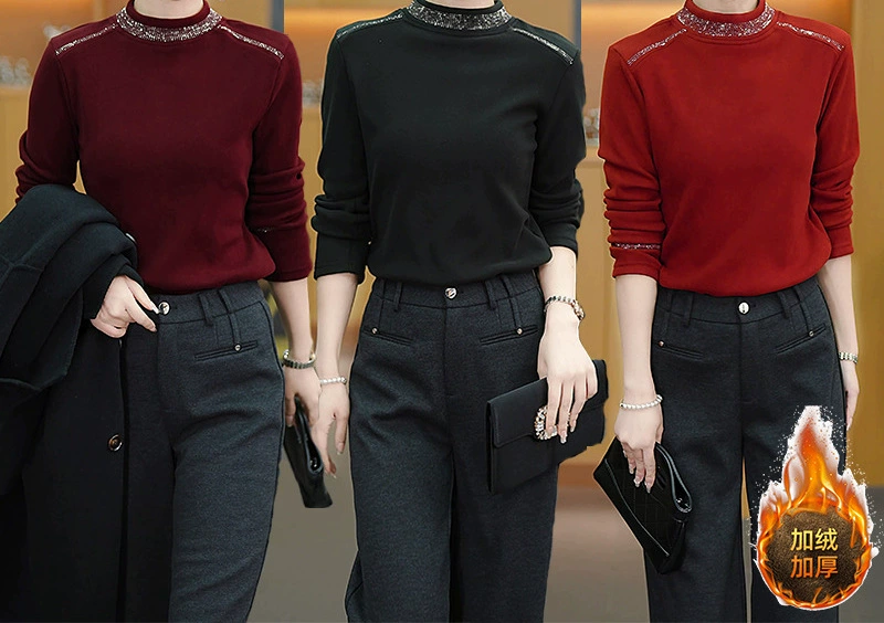 Осенняя и зимняя бархатная модная маленькая рубашка с полувысоким воротником с длинными рукавами с горячими бриллиантами