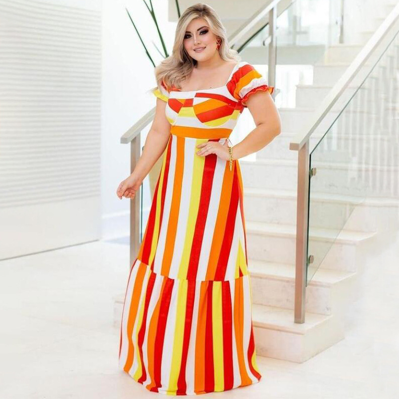 plus size short-sleeved large swing square neck slim striped dress NSLNW122694