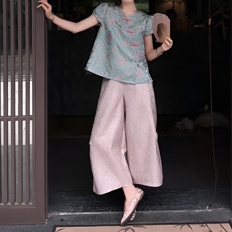 2025年夏服、気質の高級新作中国風プリントスタンドカラー半袖トップスとワイドレッグパンツの2点セット|undefined