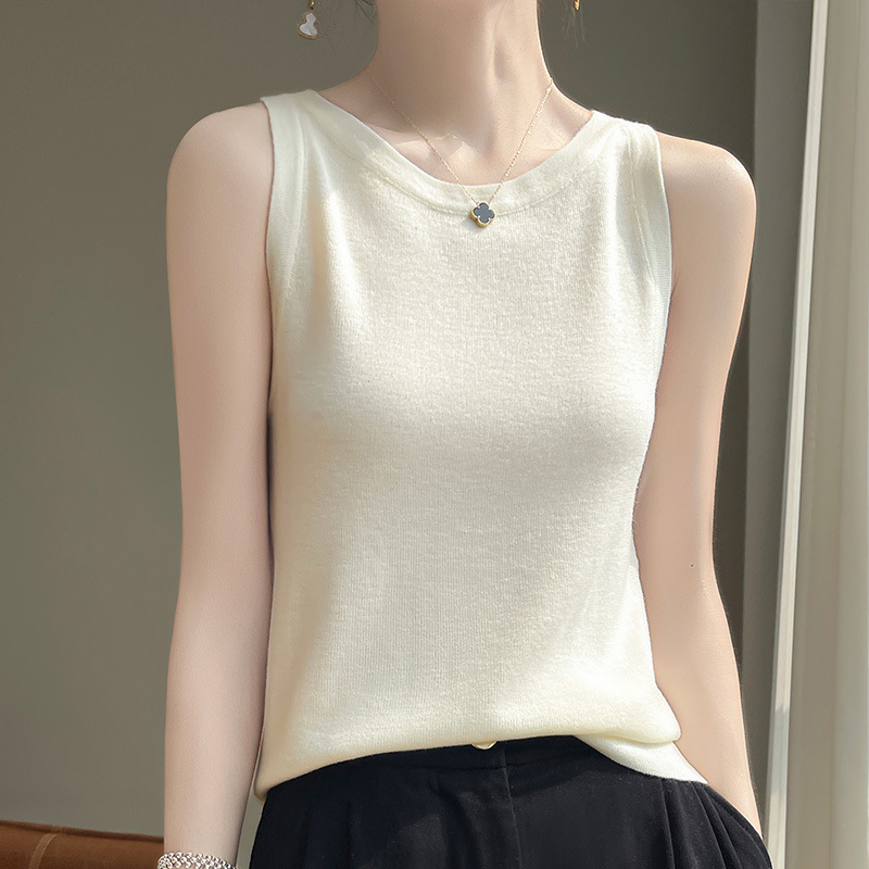 Soft Waxy Meat Covering One-Shaped Crewneck Knitted Camisole Women's Ultra-Fine Imitation Wool Inner Base Shirt Sleeveless Top