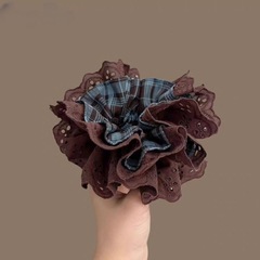 韩系复古甜美格纹蕾丝花边大肠发圈女文艺气质马尾头绳丸子头发饰
