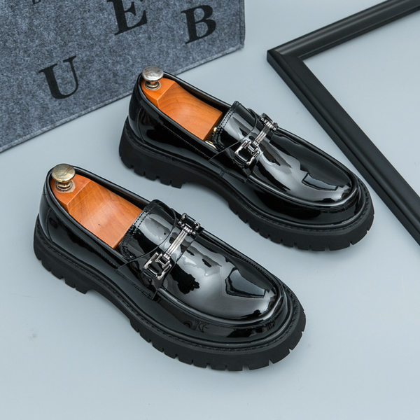 Giày lười nam da PU đế dày kiểu Anh, giày moccasin trơn đầu tròn — A0137 bề mặt đen bóng, A0137 màu đen, A0137 trắng đen