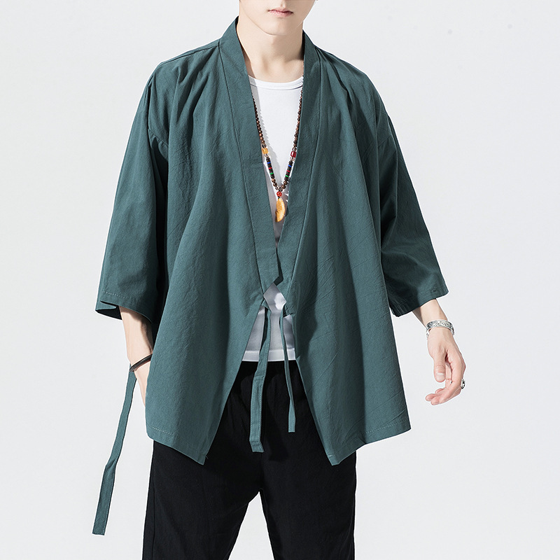 Three-Quarter Sleeve Hanfu Men's Ancient Costume with Side Slits, Chinese Style Robe, Simple Pastoral Zen-Inspired Traditional Cultural Jacket