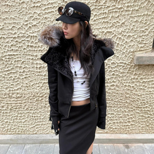 Yi Mengling Same style rare hooded fur collar slant placket cotton-padded jacket short coat autumn and winter thickened plush liner high waist jacket
