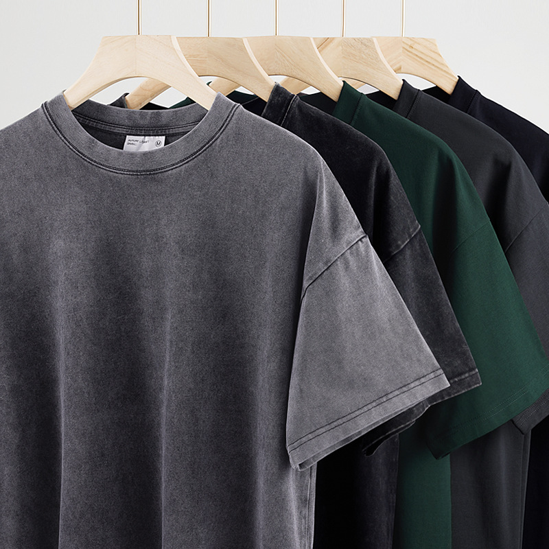 oversize Fashion Brand Shoulder Short-sleeved Men's Summer Heavy Washed Old T-shirt Round Neck Loose All-match Top Women's Top