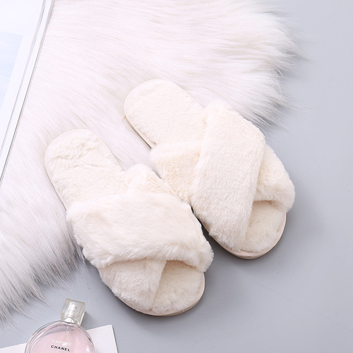 Cross-border large size 44-45 women's fluffy slippers 2024 autumn winter new flat home indoor crossed plush cotton slippers