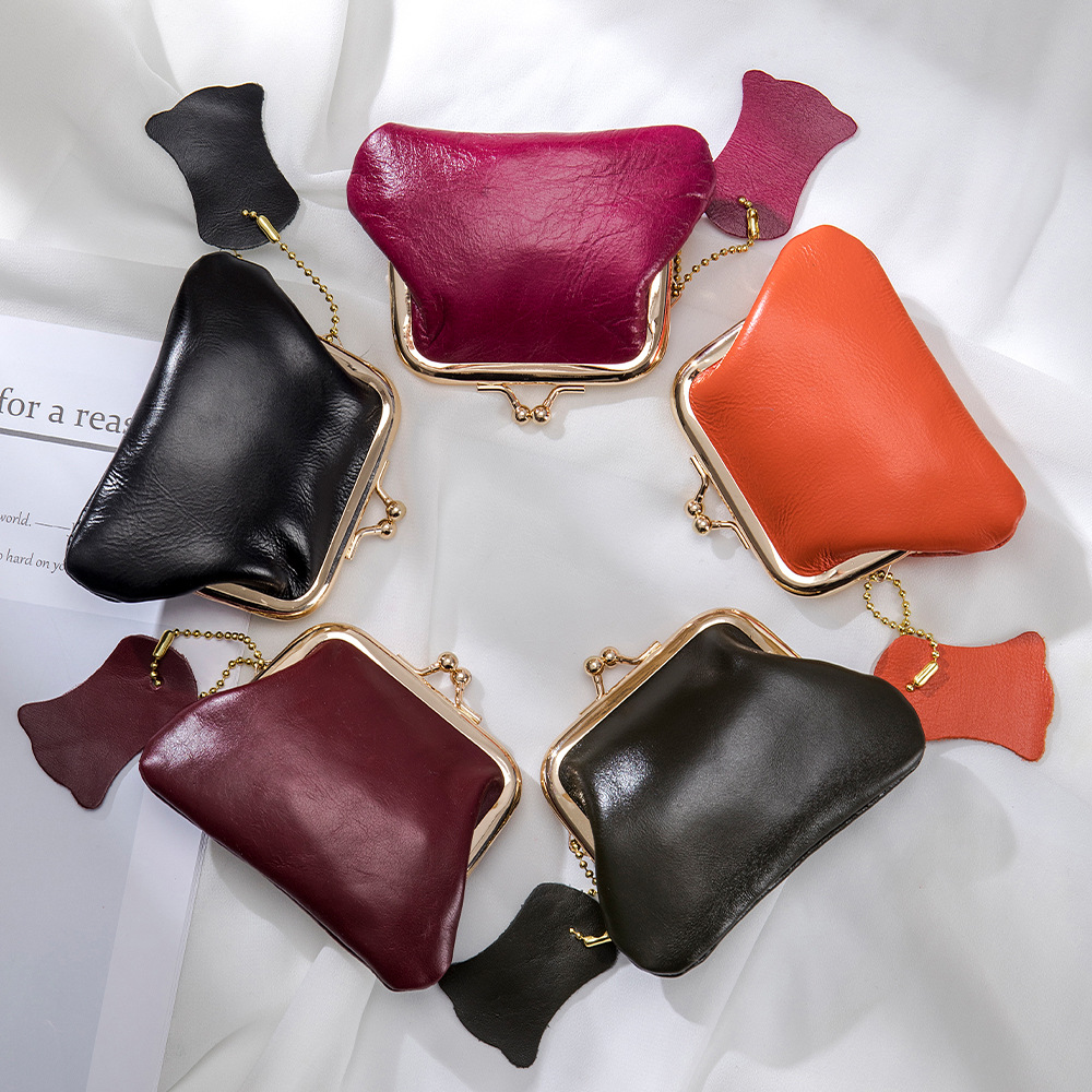 New Retro Clip Bag Small Women's European and American Coin Purse First Layer Oil Wax Cowhide Coin Bag Storage Bag Foreign Trade