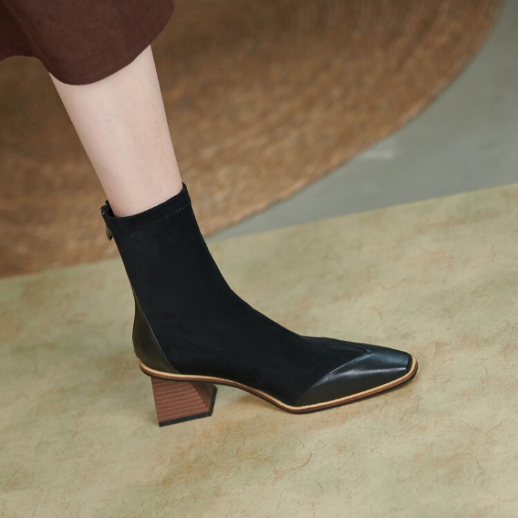 Korean Style Wood Grain Thick Heel Square Toe Back Zipper Short Boots Cowhide Suede Stitching Stiletto Heel Elastic Slim