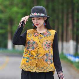 民族风重工刺绣人丝马甲女2026秋季圆领缎面马夹提花宽松短款背心