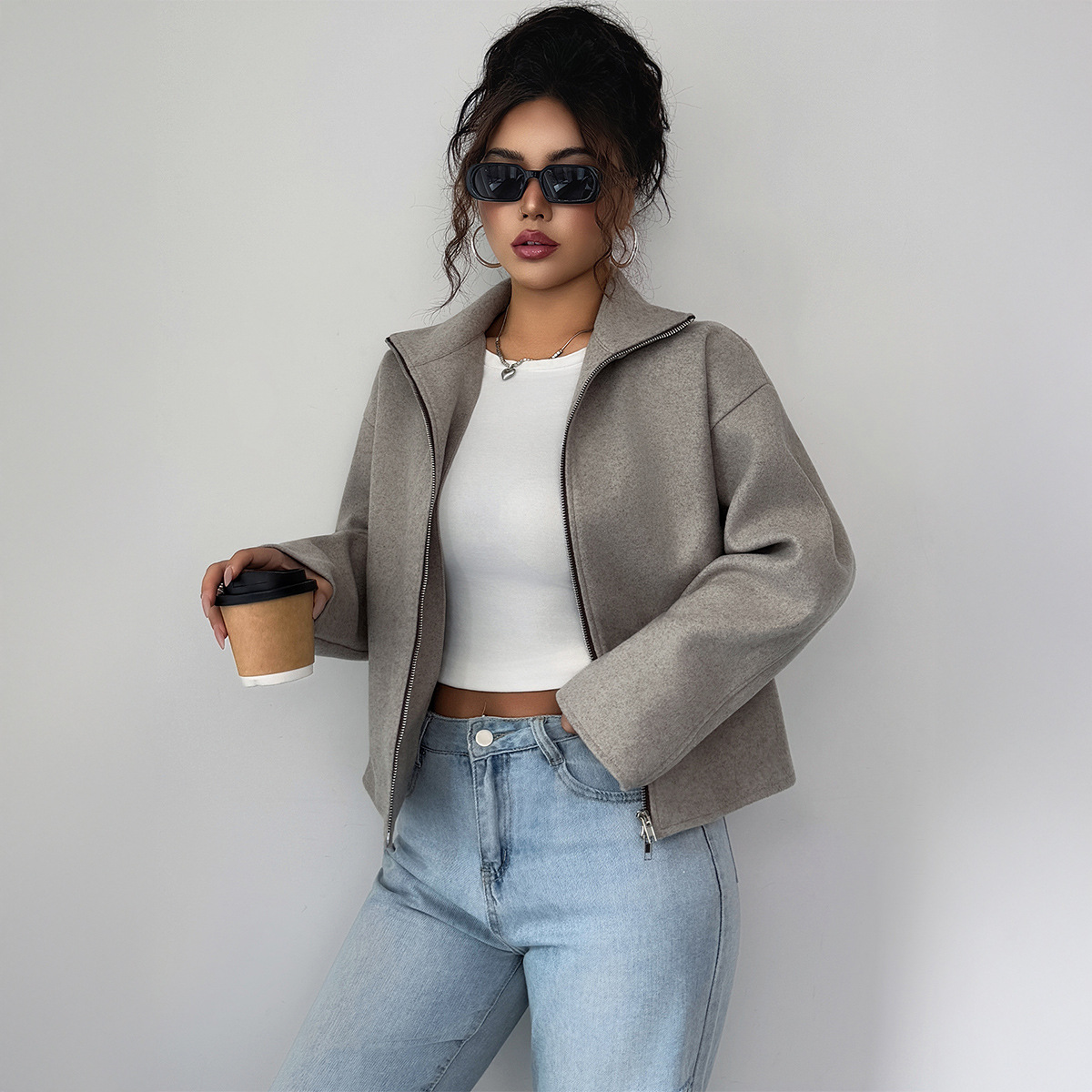 Elegant Dusty Rose Zip-Up Jacket For Women – Slim-Fit Long Sleeve Blazer Coat Versatile Layering Dusty Rose_ecoleips.com