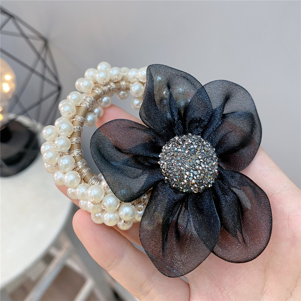 Sweet Style Rhinestone Ball Organza Flower Pearl Hair Ring Hair Accessories display picture 5