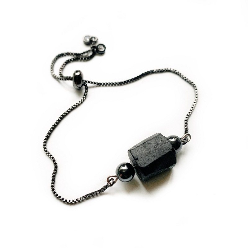 天然黑碧玺原石手链可调节不锈钢黑胆石抽拉手镯批发欧美