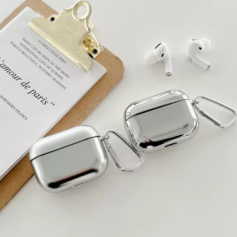 Защитный чехол для Apple AirPods (совместим: 1/2/3/Pro/Pro2/4/Pro3), серебристое зеркало или матовое, карабин