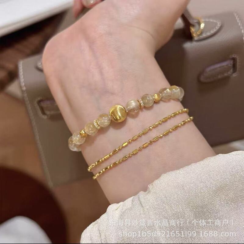 「金胭」黄水晶金发晶手串女款招财转运拉丝金色串珠手链送礼物|undefined