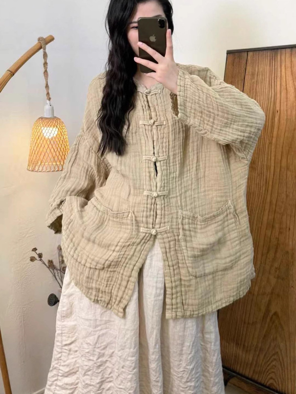 秋季新款秋装高端双层肌理亚麻女装复古文艺宽松落肩袖中长款开衫|undefined