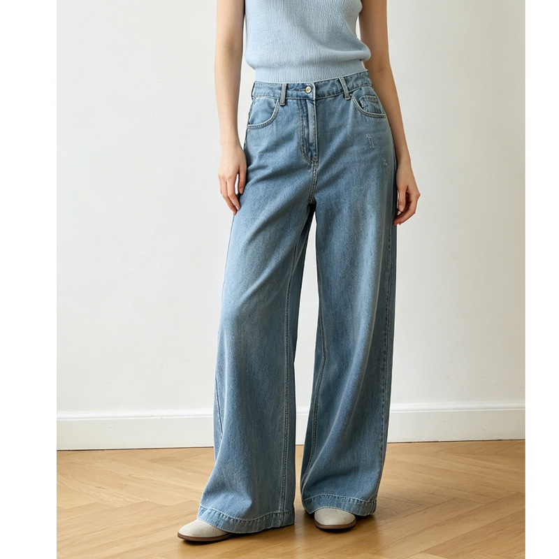 Zoj French-Style Vintage Washed Denim Jeans for Women, Slimming Versatile Wide-Leg Pants, New Autumn Copper Ammonia Cotton Pants Zoj French-Style Vintage Washed Denim Jeans for Women, Slimming Versatile Wide-Leg Pants, New Autumn Copper Ammonia Cotton Pants
