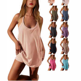 欧美女装2026春款独立站亚马逊纯色口袋吊带短款运动连衣裙