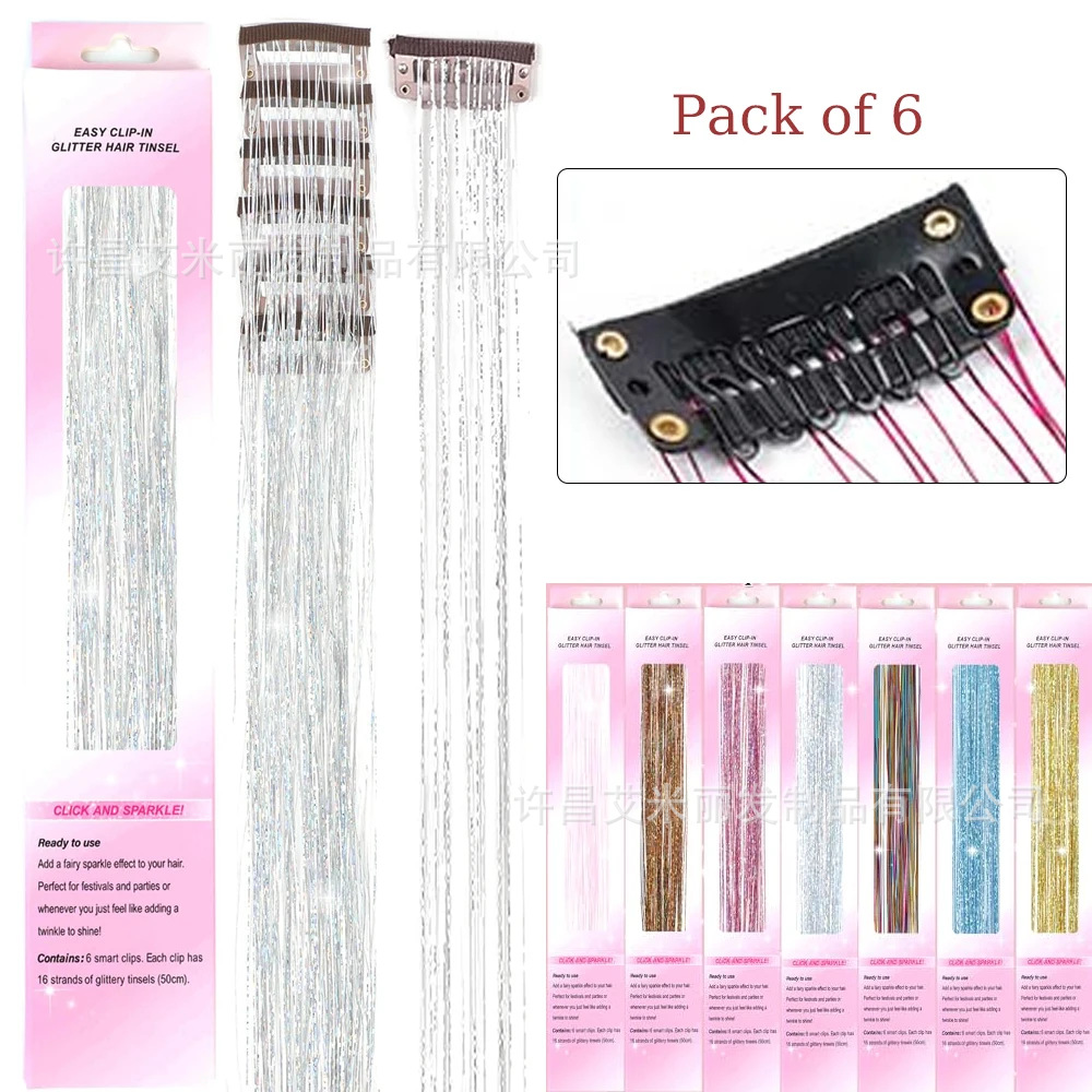 6 piezas de pelo de oropel láser de oro brillante colorido oro y plata caja de regalo BB clip sola tarjeta peluca pieza