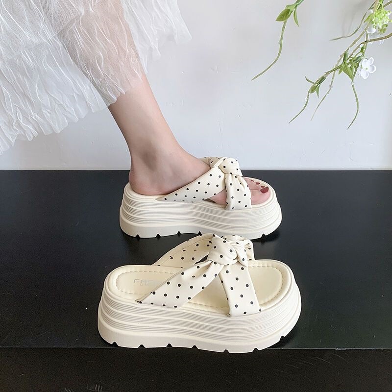 Thick-Soled Casual Cross-Over Open-Toe Sandals for Women, Suitable for Outdoor Wear, 2025 Summer New Style, Height-Increasing Polka Dot Slide Sandals, Size 34