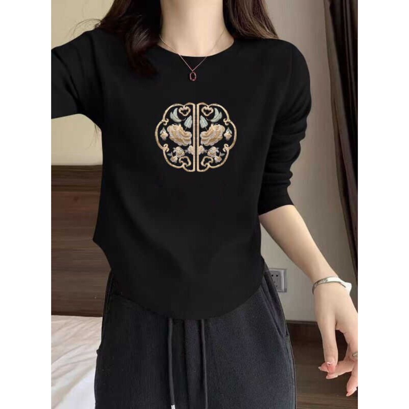 Pure Cotton Right Shoulder New Chinoiserie Spring & Fall Long-Sleeved T-Shirt Bottoming Shirt for Women New National Style Printed Asymmetrical Chic Top