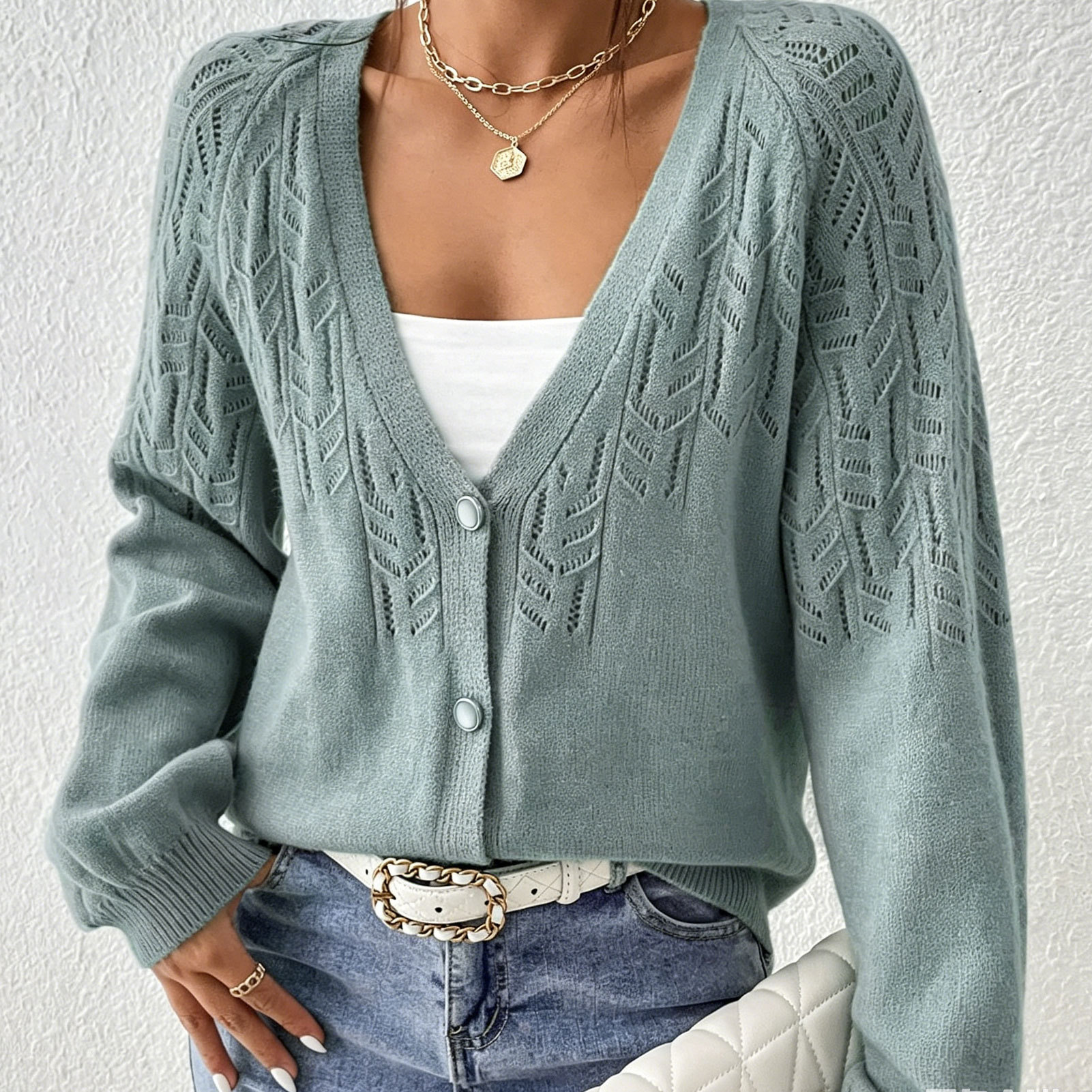 European and American cross-border foreign trade women's knitted tops temperament V-neck single-breasted solid color geometric jacquard sweater jacket for women