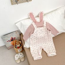 ins新款婴儿背带裤套装洋气碎花连体衣女宝超萌兔耳朵哈衣爬爬服