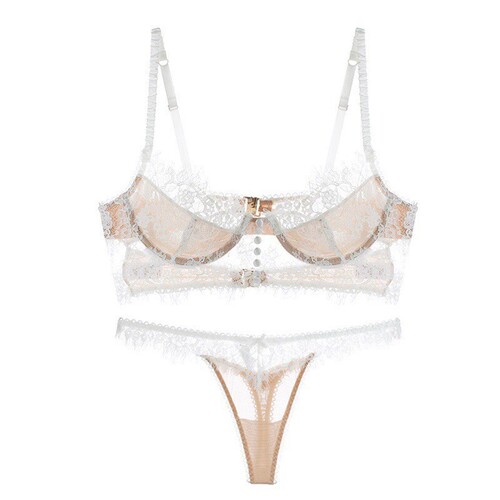 European and American sexy eyelashes lace underwear women's ultra-thin big breasts show small anti-sagging bra straps beautiful back bra set