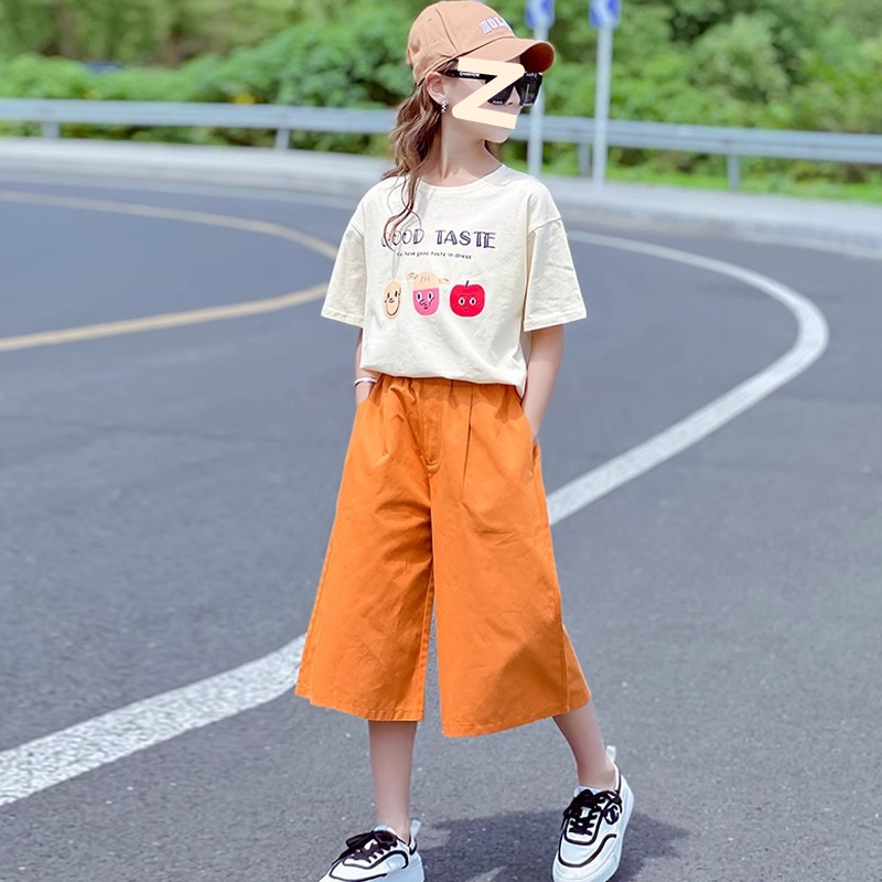 Girls' Summer Cropped Pants Set 2024 New Style Big Kids Cartoon T-Shirt Children's Pants Loose Sports Two-piece Trendy