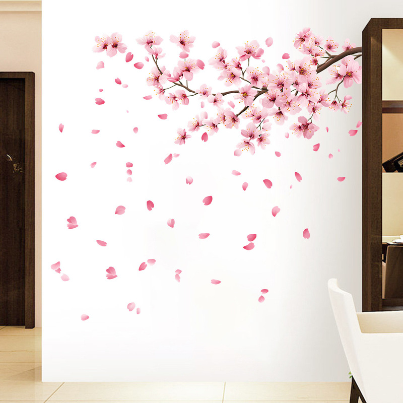 New Peach Blossom Falling on Branches Wall Decoration Stickers for Living Room Entrance Tv Wall Decoration Self-Adhesive